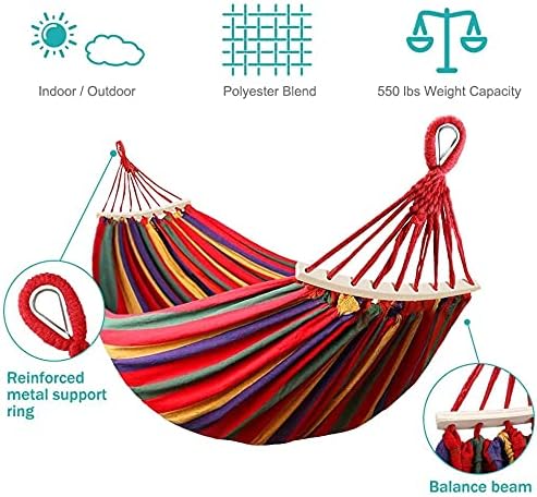 Outerman 275 x 155 cm Camping Hammock, Hammocks Thickened Canvas Fabric with 550lb Load Capacity, Two Anti Roll Balance Beam and Sturdy Metal Knot Tree Straps for Travel, Beach, Backyard etc.