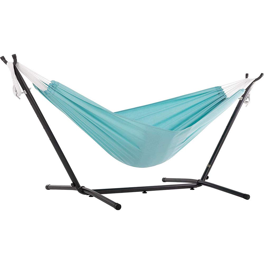 Vivere Double Cotton Hammock, Space Saving Steel Stand, Blue Lagoon, 9 Ft