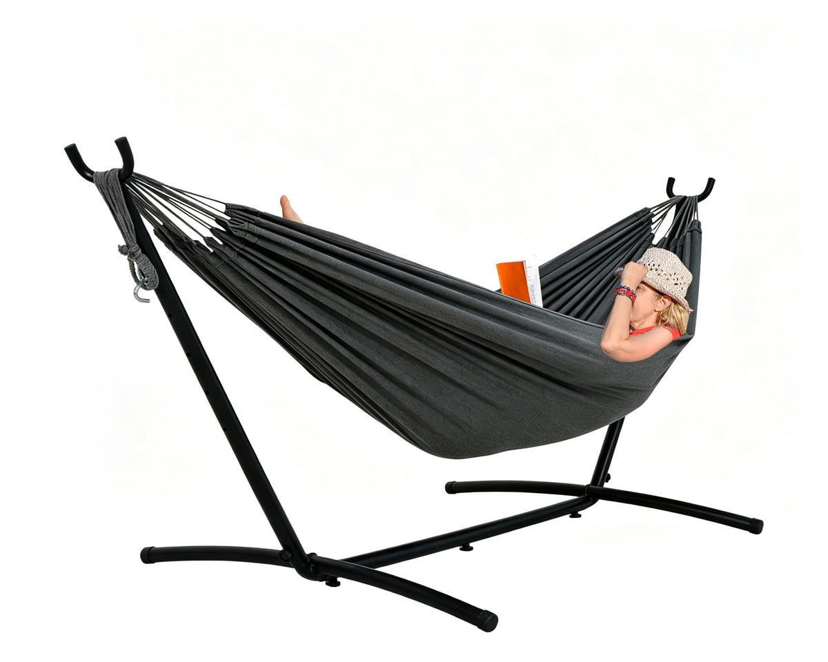 Lazy Daze Portable Hammock with Stand, Free Standing Hammocks for Indoor Outdoor Patio Yard, Has a Carrying Bag and Pillow, 9ft Steel Hamacas Heavy Duty 2 Person Amaca 450 lbs Capacity(White)