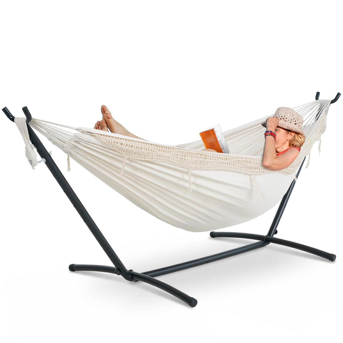 Lazy Daze Portable Hammock with Stand, Free Standing Hammocks for Indoor Outdoor Patio Yard, Has a Carrying Bag and Pillow, 9ft Steel Hamacas Heavy Duty 2 Person Amaca 450 lbs Capacity(White)