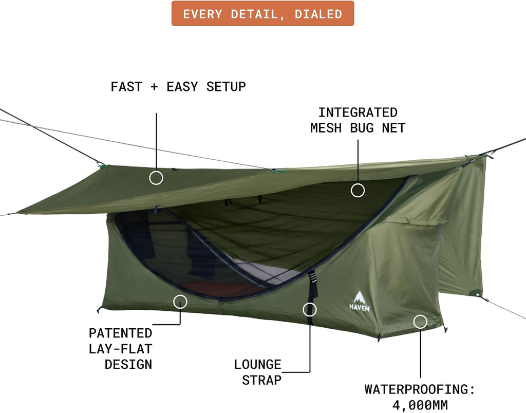 Haven Tents Lay Flat Hammock Tent - Waterproof Camping Hammock with Mosquito Net, Insulated Pad and Rainfly - Haven Tent, Haven XL, Haven Safari