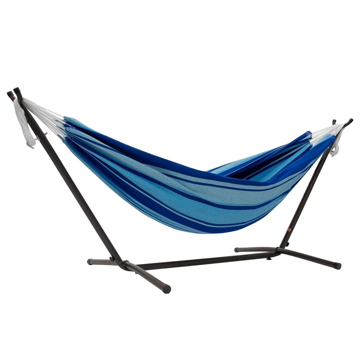 Vivere Double Cotton Hammock, Space Saving Steel Stand, Blue Lagoon, 9 Ft