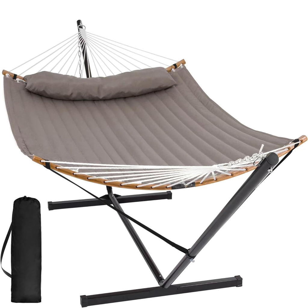 SUNCREAT Double Portable Hammock with Stand, 2 Person Hammock with Curved Spreader Bar, Balance Ropes Included, Dark Gray