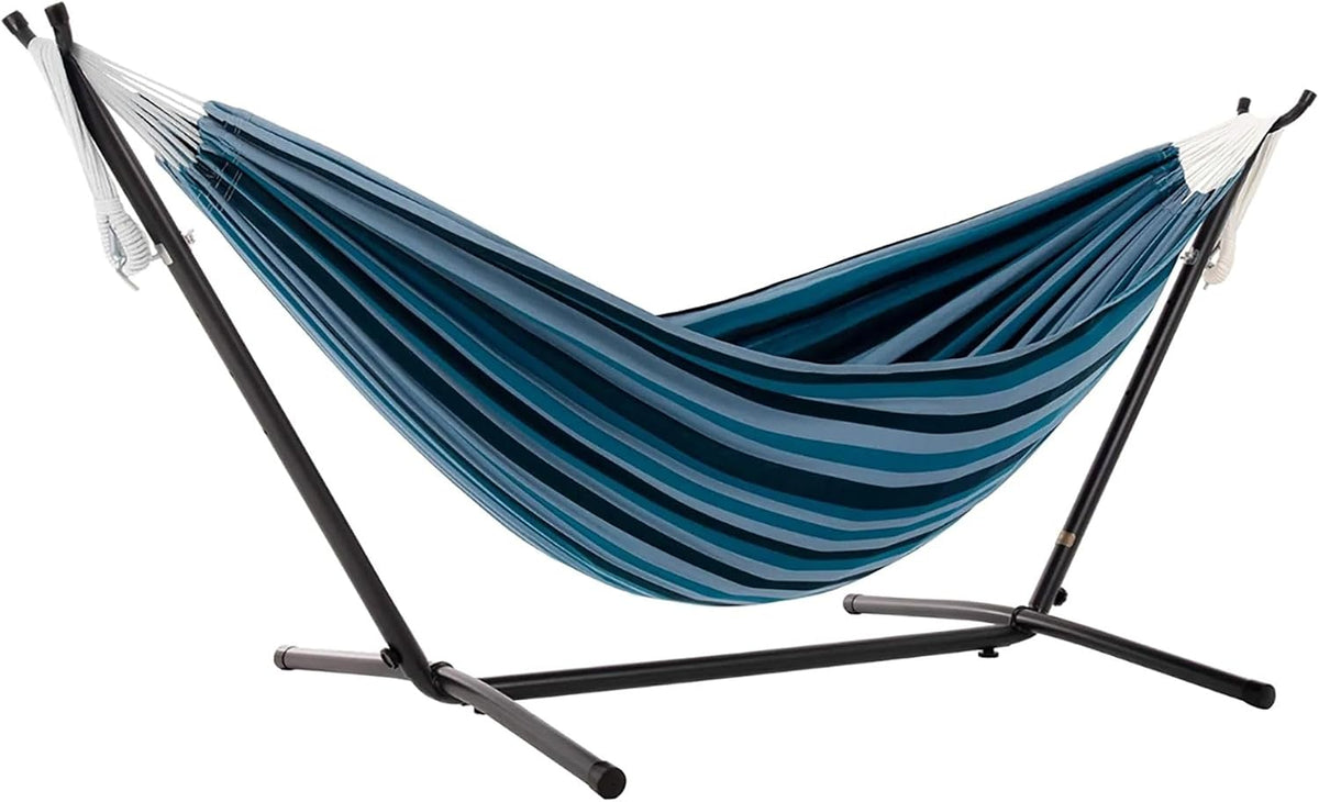 Vivere Double Cotton Hammock, Space Saving Steel Stand, Blue Lagoon, 9 Ft