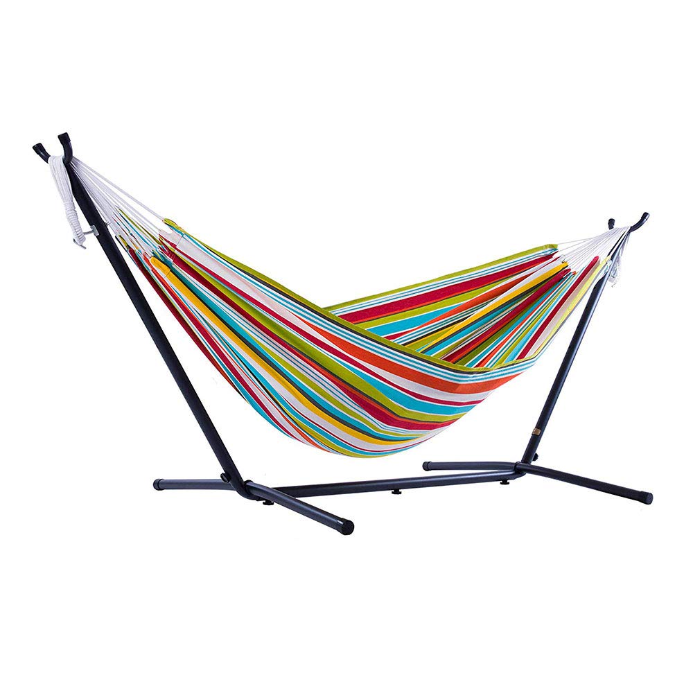 Vivere Double Cotton Hammock, Space Saving Steel Stand, Blue Lagoon, 9 Ft