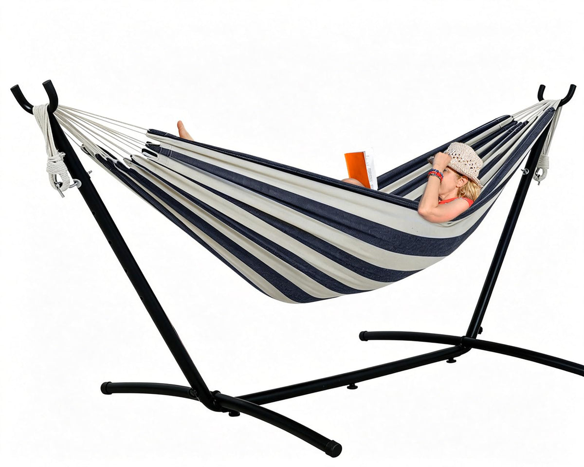 Lazy Daze Portable Hammock with Stand, Free Standing Hammocks for Indoor Outdoor Patio Yard, Has a Carrying Bag and Pillow, 9ft Steel Hamacas Heavy Duty 2 Person Amaca 450 lbs Capacity(White)