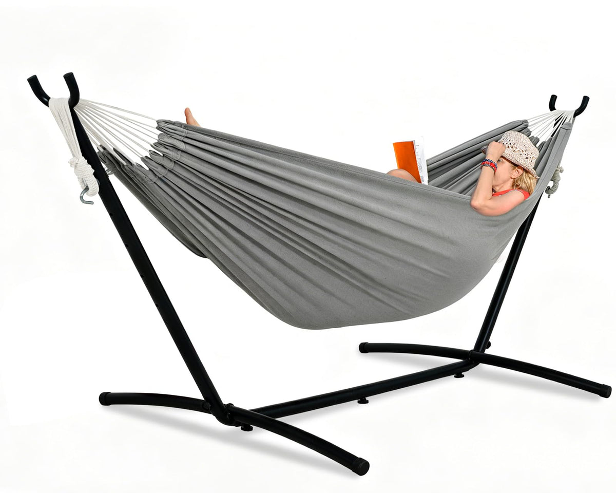 Lazy Daze Portable Hammock with Stand, Free Standing Hammocks for Indoor Outdoor Patio Yard, Has a Carrying Bag and Pillow, 9ft Steel Hamacas Heavy Duty 2 Person Amaca 450 lbs Capacity(White)