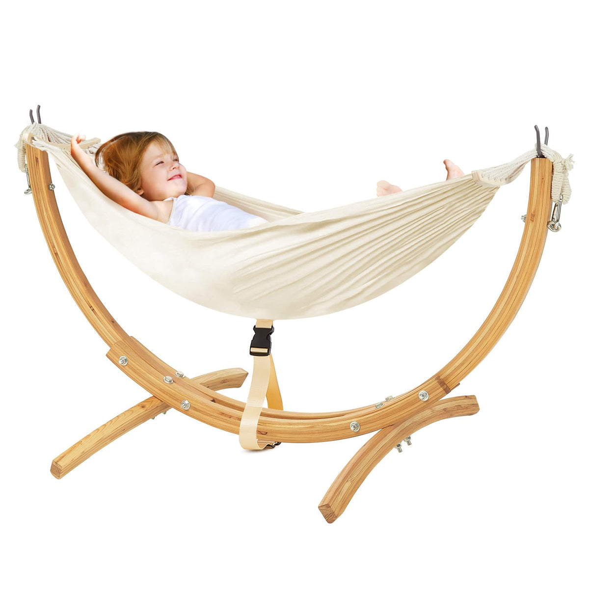 FUNLIO Wooden Hammock with Stand for Kids 3-5 Years (Height < 3.9ft/120cm), Premium Solid Wood Kids Hammock Chair Stand, Stable Structure, Wider & Longer Children Hammock, 220lbs Capacity
