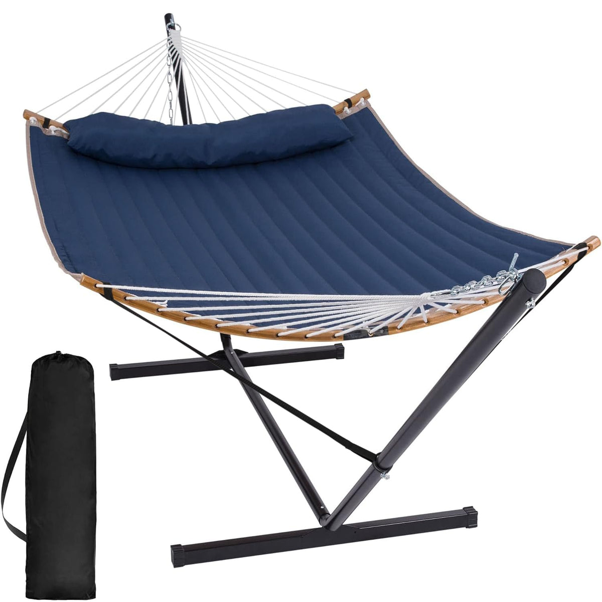 SUNCREAT Double Portable Hammock with Stand, 2 Person Hammock with Curved Spreader Bar, Balance Ropes Included, Dark Gray