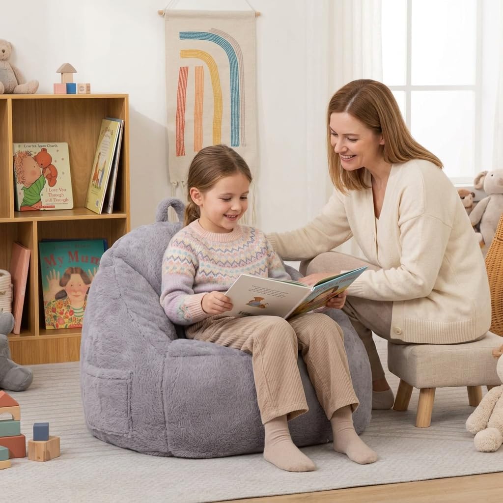 ALIMORDEN Kids Bean Bag Chair, Grey Plush Bean Bag Sofa with Filler, Cozy & Adorable Seating for Children's Bedroom/Playroom