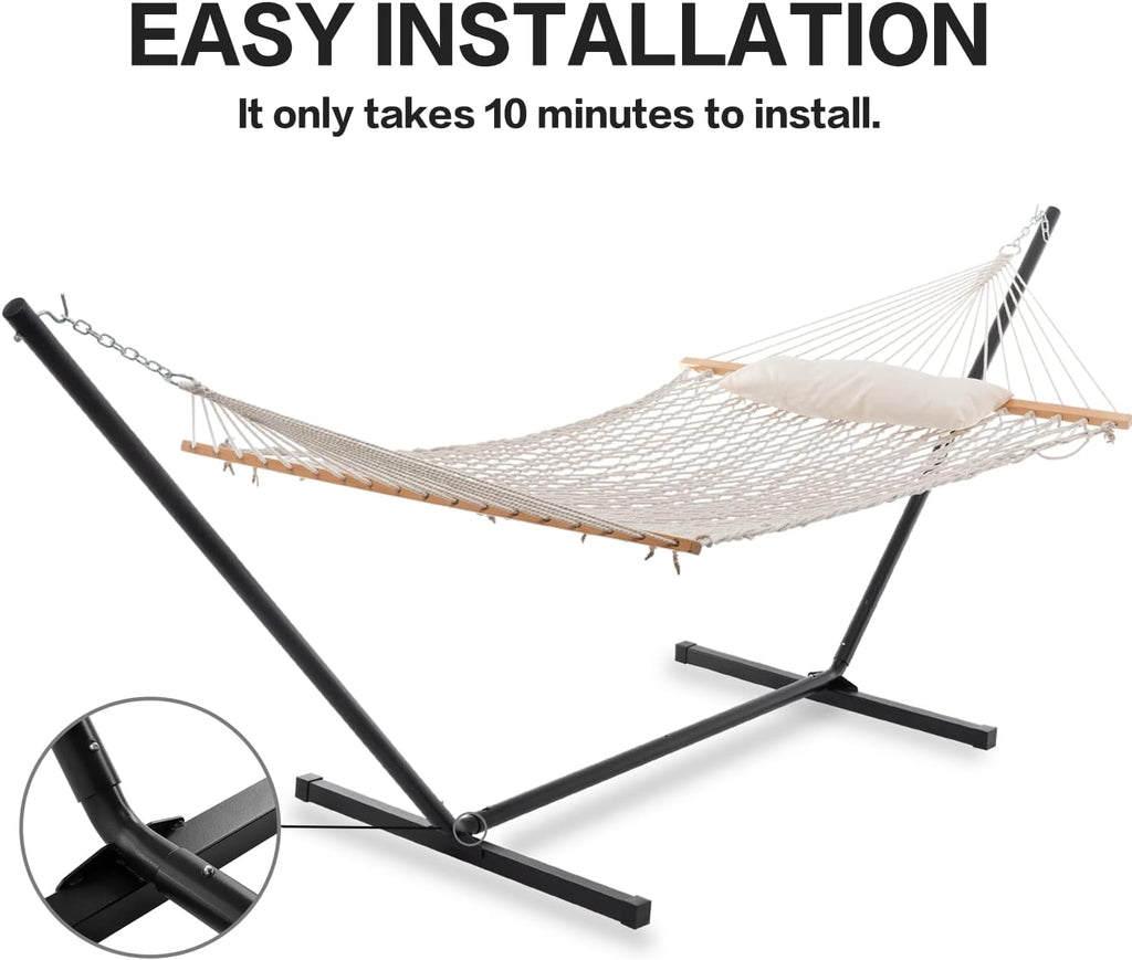 PNAEUT Double Rope Hammock with Stand Included, 12ft Heavy Duty Stand, 2 Person Traditional Cotton Rope Hammocks with Pillow for Outside Porch Patio Backyard Outdoor, Max 475lbs Capacity (Burlywood)