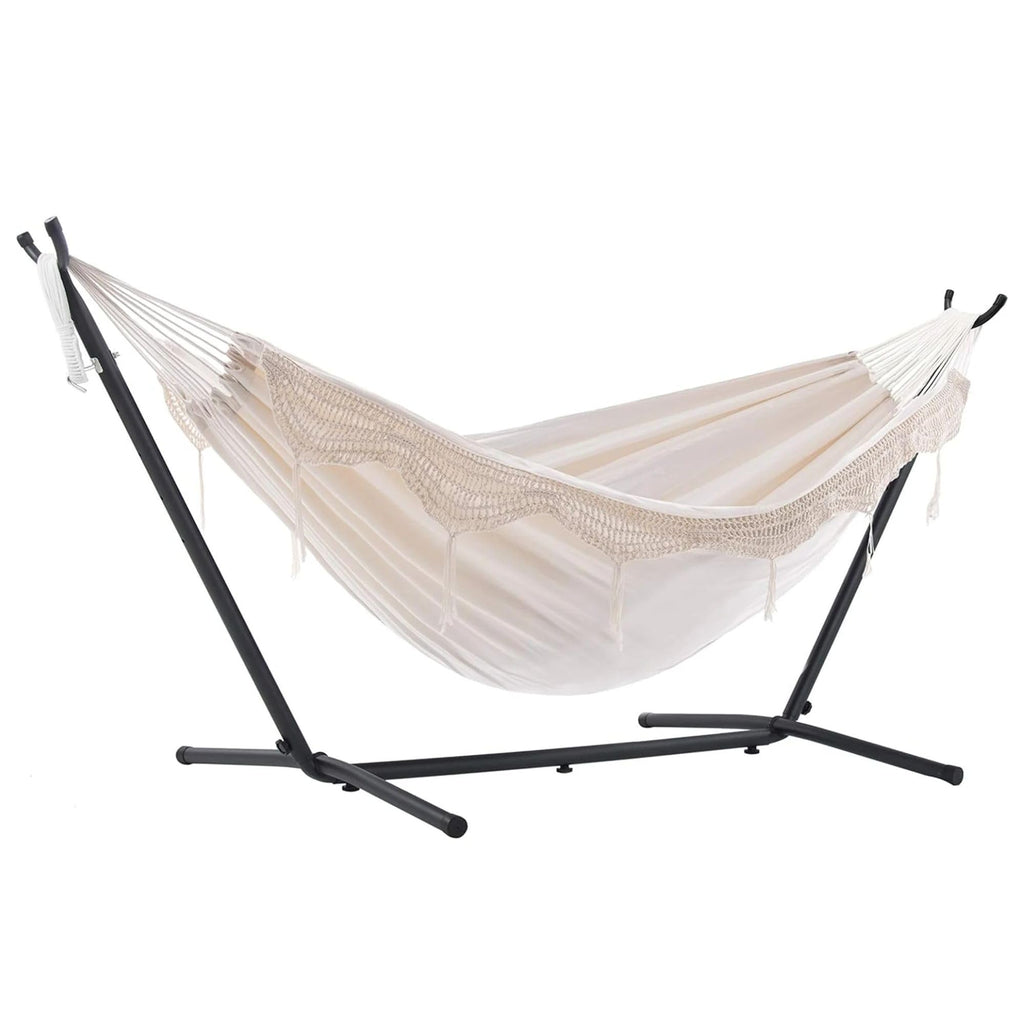 Vivere Double Cotton Hammock, Space Saving Steel Stand, Blue Lagoon, 9 Ft
