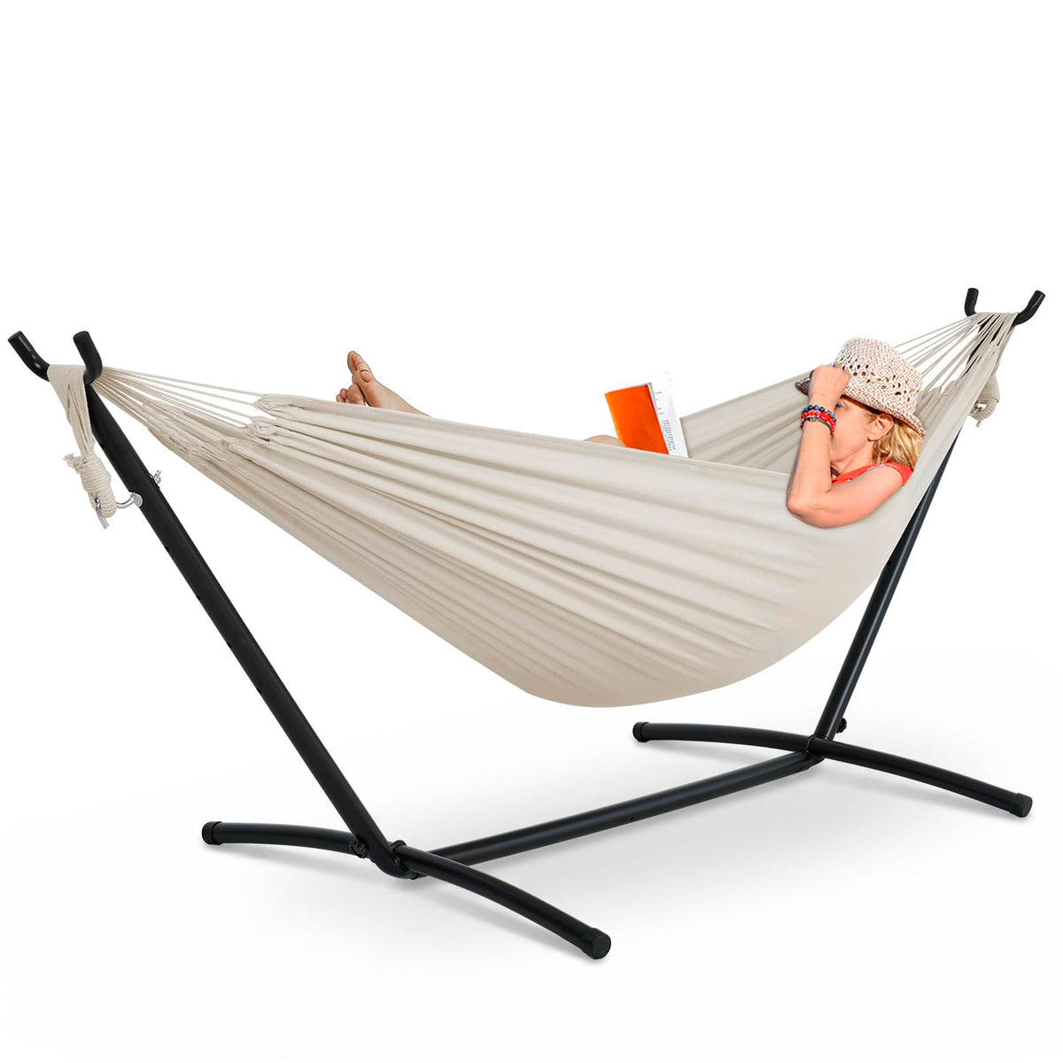 Lazy Daze Portable Hammock with Stand, Free Standing Hammocks for Indoor Outdoor Patio Yard, Has a Carrying Bag and Pillow, 9ft Steel Hamacas Heavy Duty 2 Person Amaca 450 lbs Capacity(White)