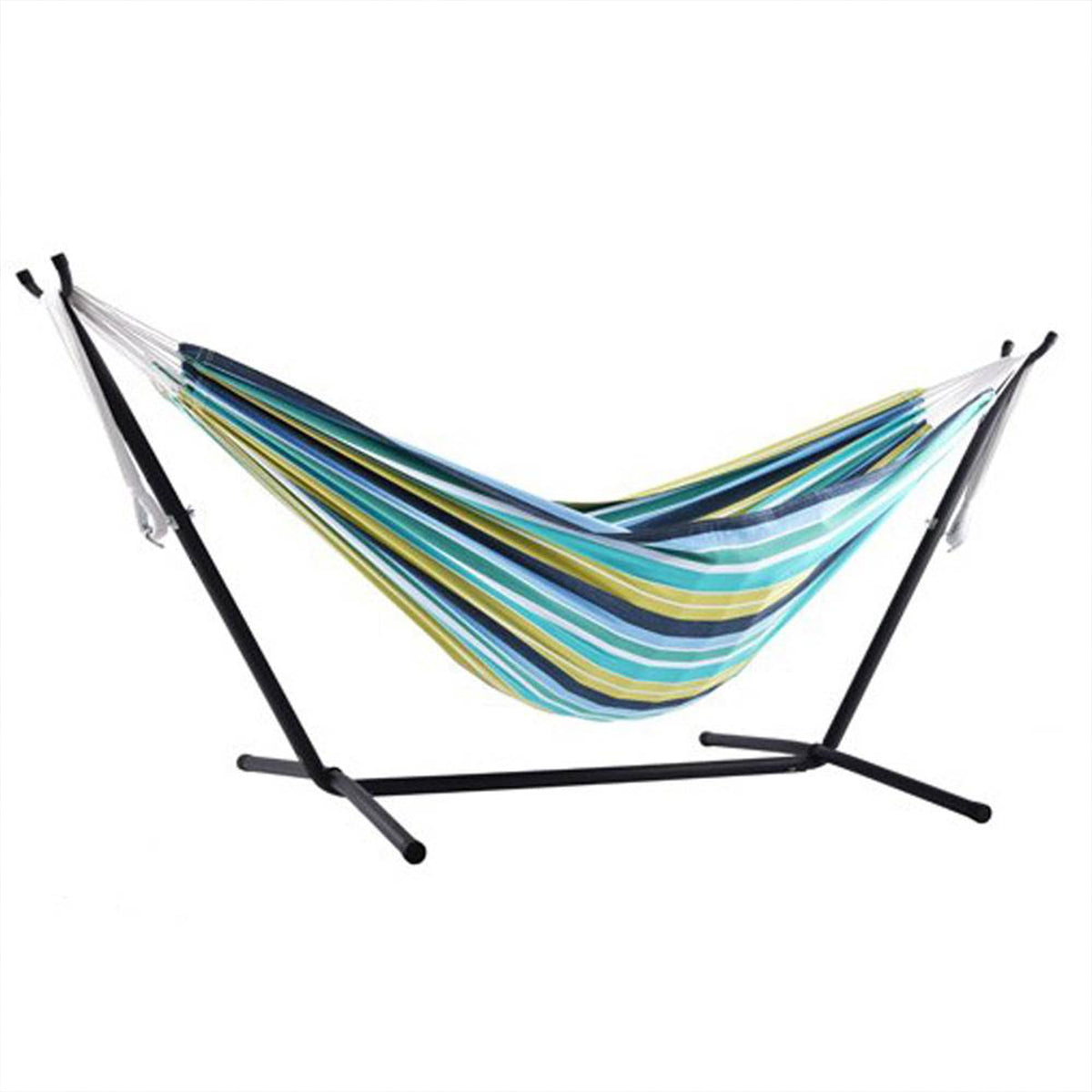 Vivere Double Cotton Hammock, Space Saving Steel Stand, Blue Lagoon, 9 Ft