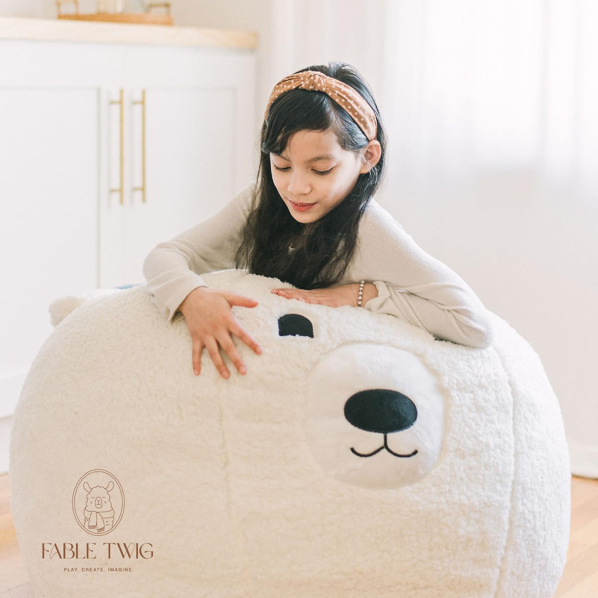 Kids Bean Bag Chair - Soft Sherpa and Memory Foam Stuffed Animal Beanbag Seat for Boys and Girls - Cozy Polar Bear Reading Nook - Comfortable Lounger, Bedroom Furniture, or Playroom Addition