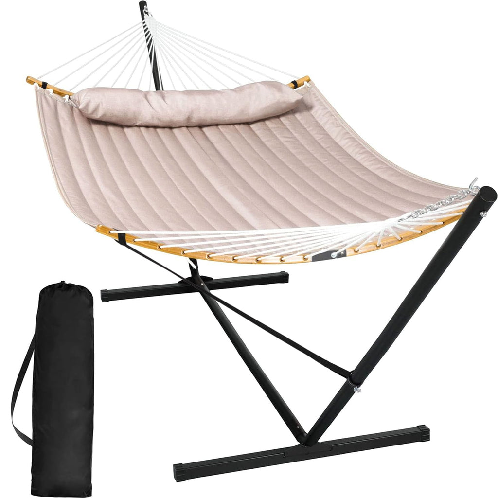SUNCREAT Double Portable Hammock with Stand, 2 Person Hammock with Curved Spreader Bar, Balance Ropes Included, Dark Gray