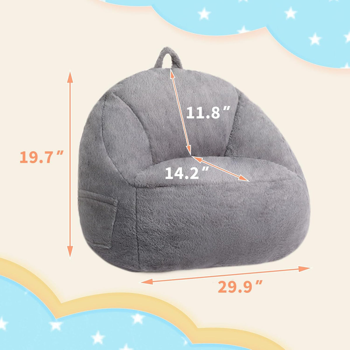 ALIMORDEN Kids Bean Bag Chair, Grey Plush Bean Bag Sofa with Filler, Cozy & Adorable Seating for Children's Bedroom/Playroom