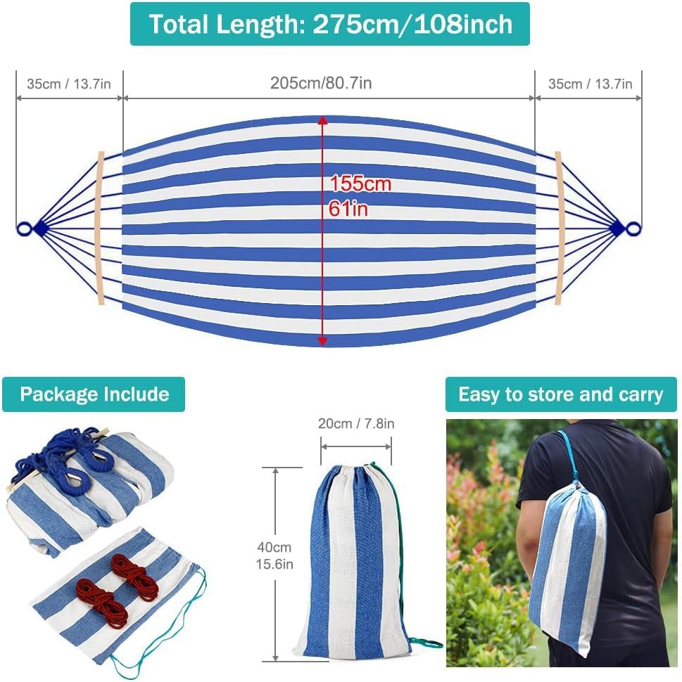 MOSFiATA Hammocks Portable Camping Hammock Upgraded 550lb Comfortable Fabric Hammock with Two Anti Roll Balance Beam and Sturdy Metal Knot Tree Straps for Camping, Patio, Backyard, Outdoor(Blue White)