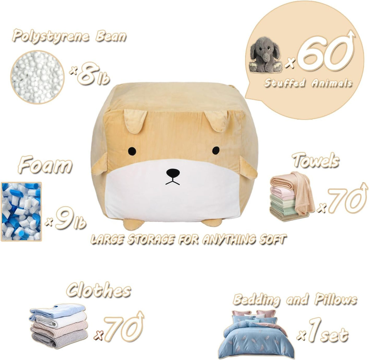 Stuffed Animal Storage Bean Bag Chair Cover for Kids Cute Dog Beanbag Chair for Girls Large Size Toy Organizer Cover Only Without Filling