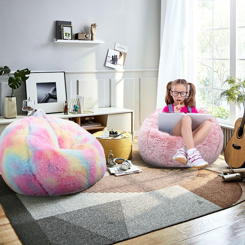 Fluffy Bean Bag Chair for Kids, 2.5FT Round Memory Foam Filled Bean Bag for Teens & Kids, Ultra Soft Faux Fur Fabric Bean Bag Chairs for Playroom, Living Room, Bedroom,Pink