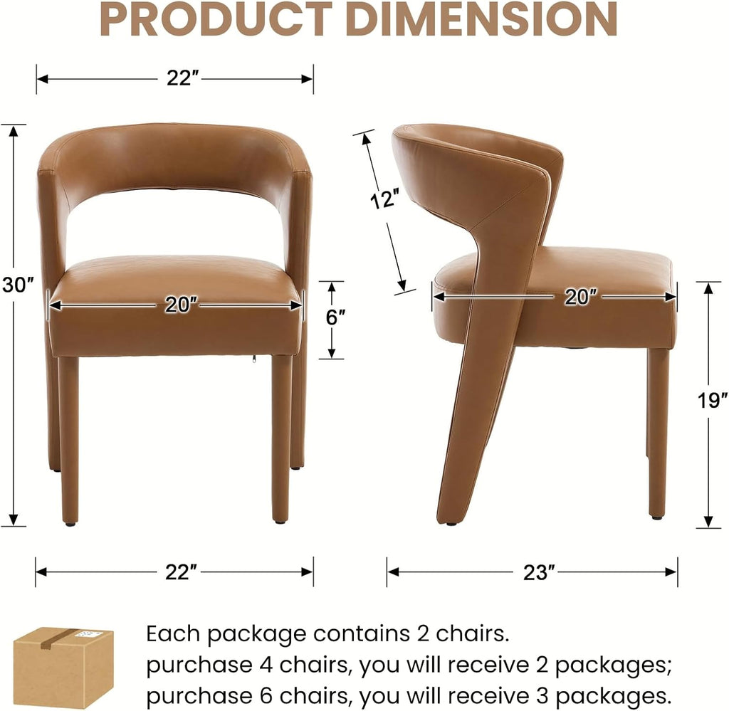 HNY Mid-Century Upholstered Dining Chairs Set of 6, Modern Brown Faux Leather Dining Room Chairs Curved Open Back Accent Side Chairs with Solid Wood Legs for Kitchen Living Room, Brown