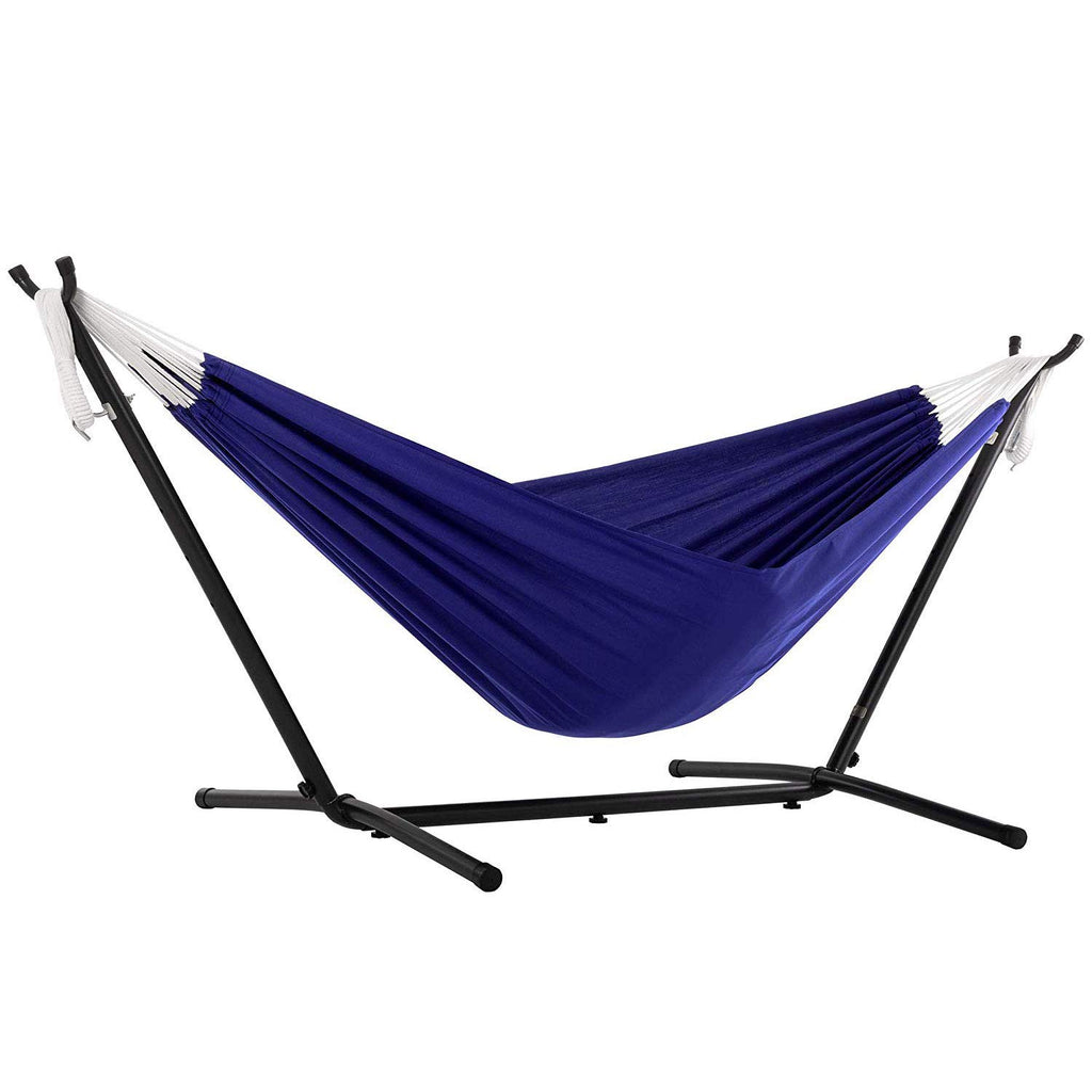 Vivere Double Cotton Hammock, Space Saving Steel Stand, Blue Lagoon, 9 Ft