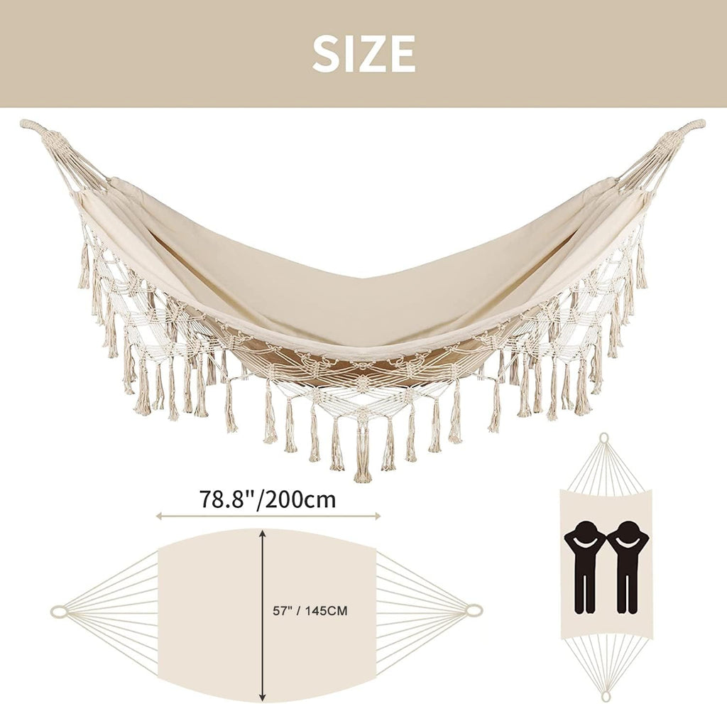 Bellzacasa Double Hammock, Heavy Duty 500 lb Load Capacity Tassels and Fishtail Knitting Portable Camping Hammocks with Mounting Straps for Outdoor Camping Patio Balcony Beige