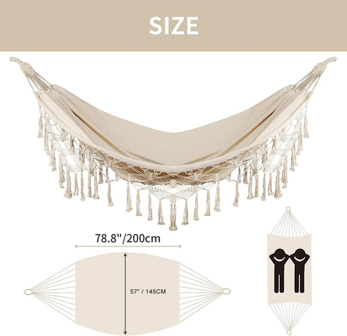 Bellzacasa Double Hammock, Heavy Duty 500 lb Load Capacity Tassels and Fishtail Knitting Portable Camping Hammocks with Mounting Straps for Outdoor Camping Patio Balcony Beige