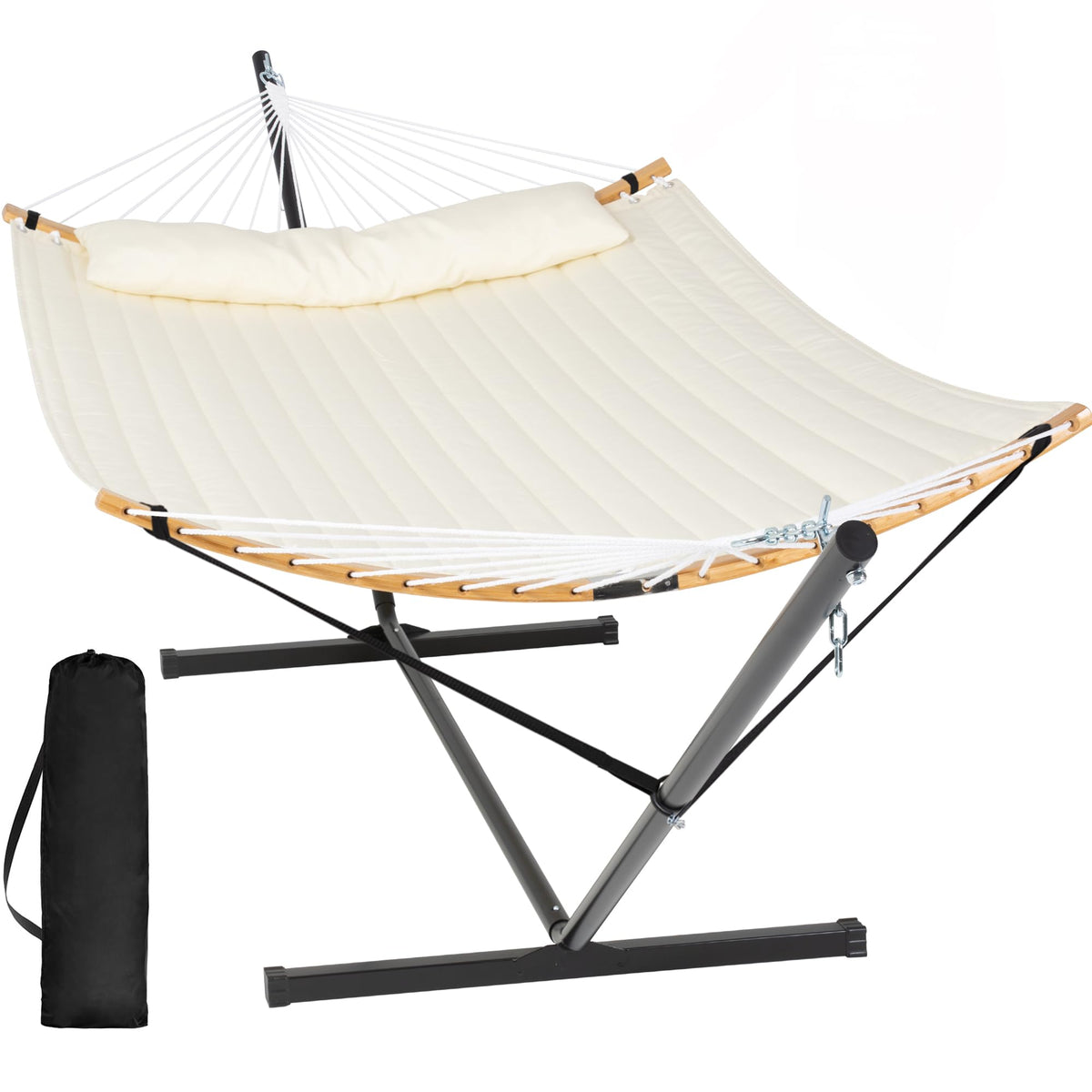 SUNCREAT Double Portable Hammock with Stand, 2 Person Hammock with Curved Spreader Bar, Balance Ropes Included, Dark Gray