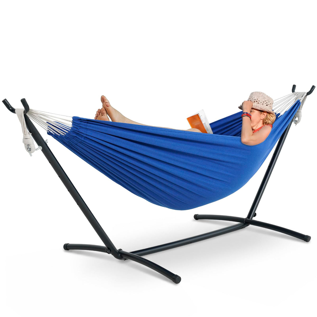 Lazy Daze Portable Hammock with Stand, Free Standing Hammocks for Indoor Outdoor Patio Yard, Has a Carrying Bag and Pillow, 9ft Steel Hamacas Heavy Duty 2 Person Amaca 450 lbs Capacity(White)