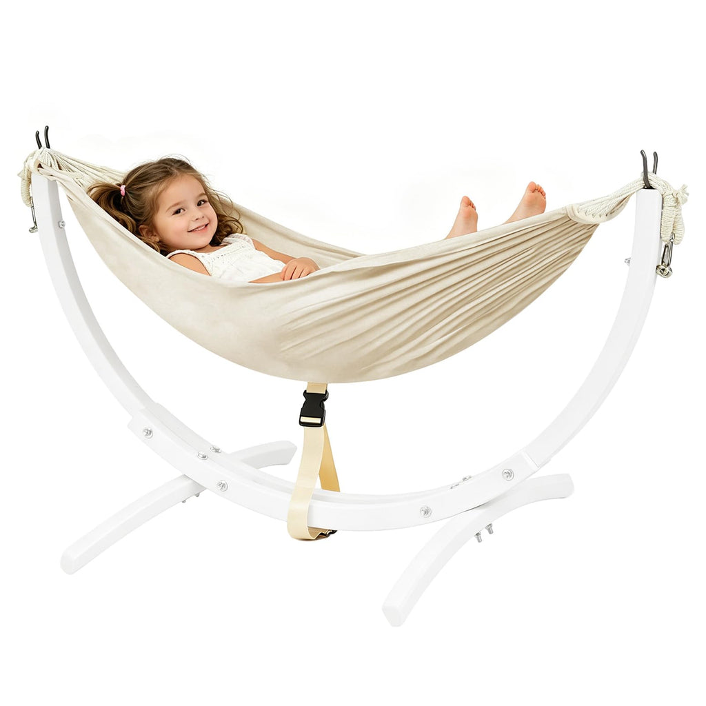 FUNLIO Wooden Hammock with Stand for Kids 3-5 Years (Height < 3.9ft/120cm), Premium Solid Wood Kids Hammock Chair Stand, Stable Structure, Wider & Longer Children Hammock, 220lbs Capacity