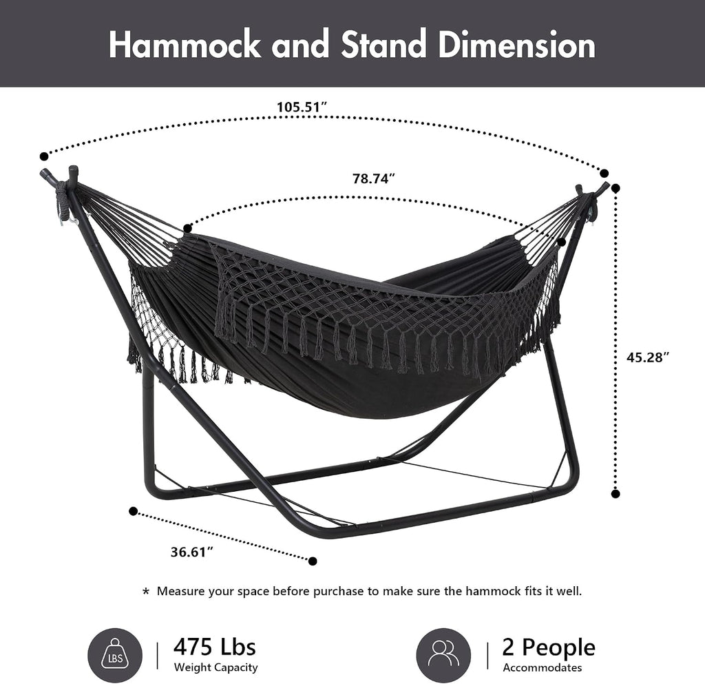 ANOW Double Space Saving Hammock with Stand, Dark Gray with Tassels