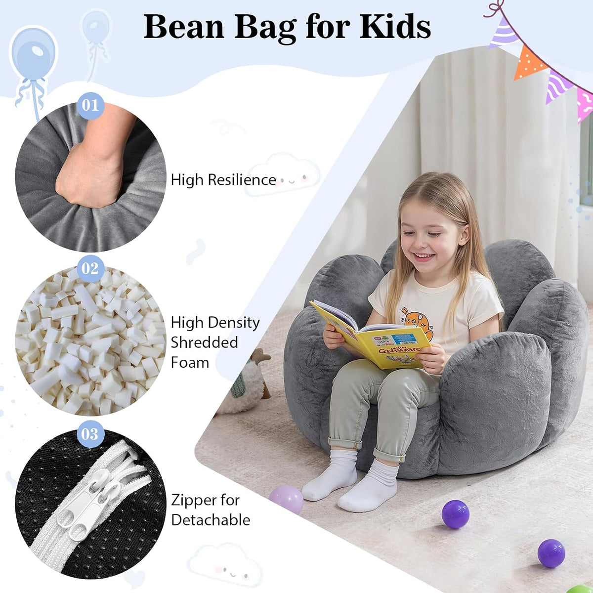 HOMMPA Bean Bag Chair for Kids Boys and Girls Comfy Beanbag Shell Shape Bean Bags Small Lazy Sofa for Living Room Bedroom Grey