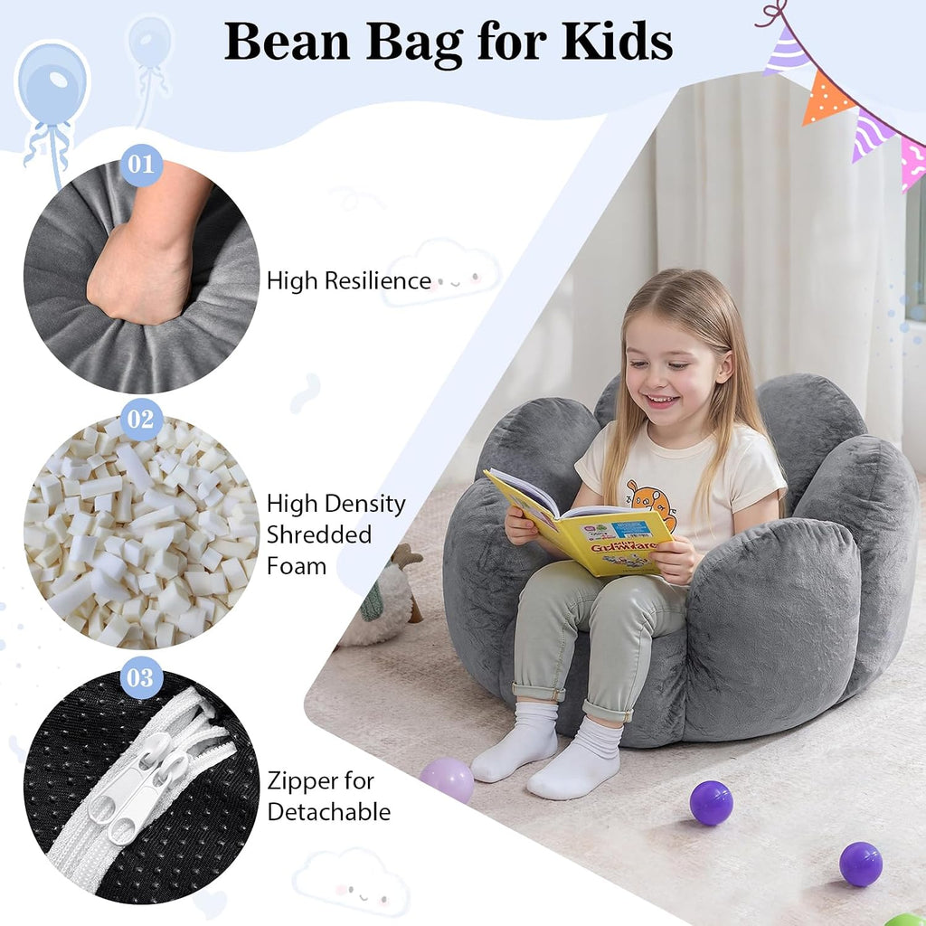HOMMPA Kids Bean Bag Chair Flower Shape Bean Bag Sofa Comfy Velvet Bean Bag Chair for Kids Baby Lazy Floor Sofa Chair for Gaming Reading Playing Grey