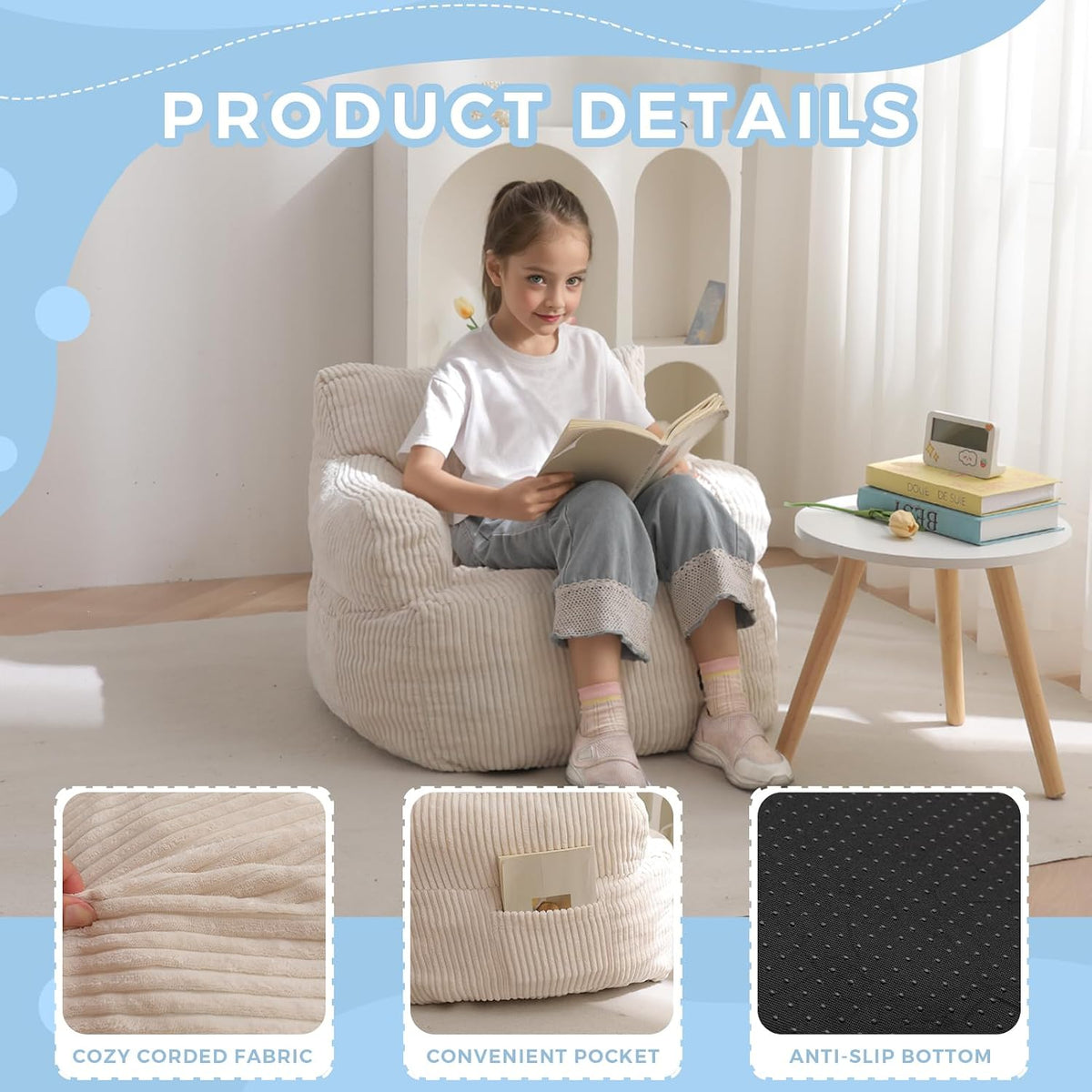 MAXYOYO Kids Bean Bag Chair, Stuffed Bean Bag Sofa, Beige, Standard