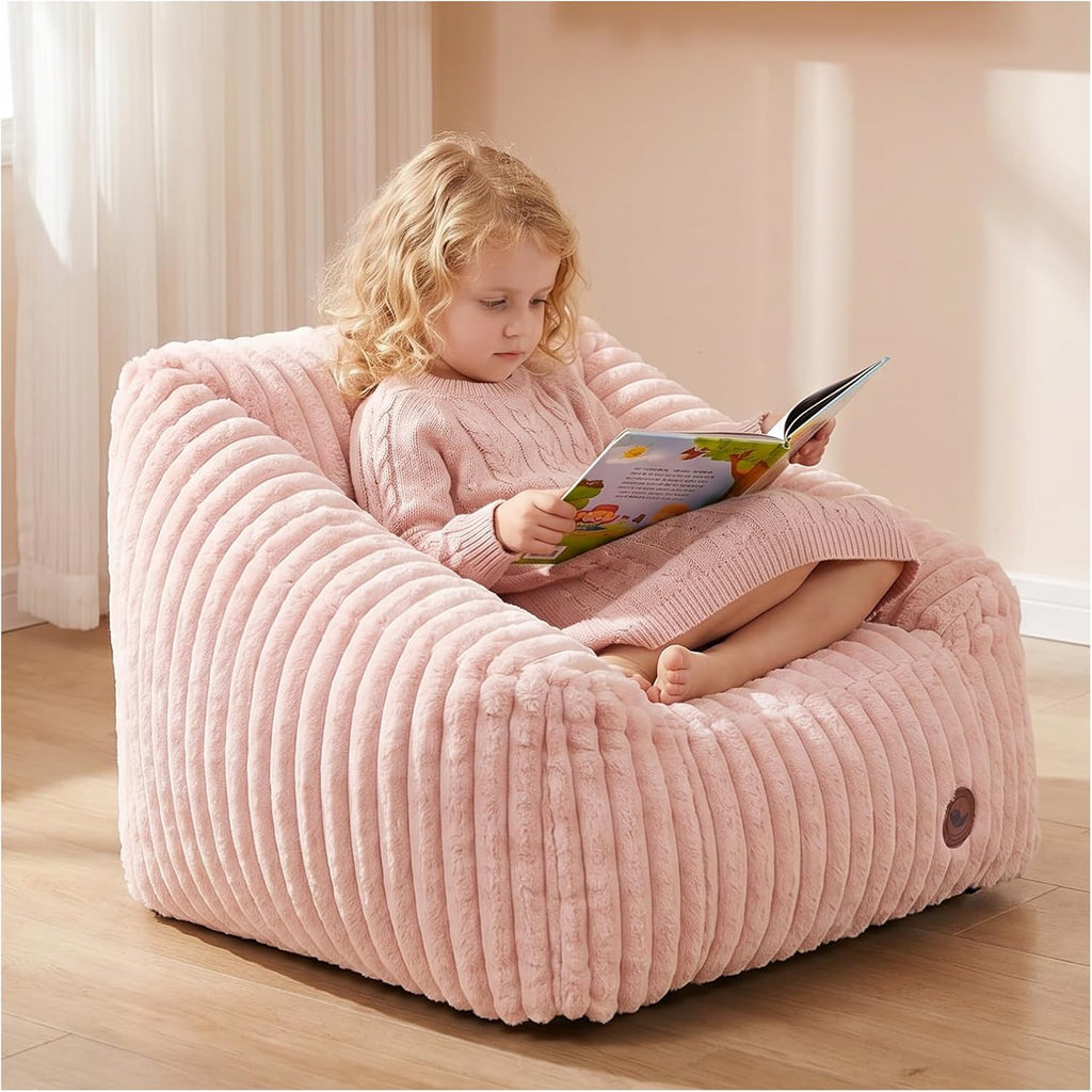 Small Bean Bag Chair for Kids&Teens,Memory Foam Filled Girls Bean Bags with Pink Stripe Plush Bean Bag Washable Cover for Reading Gaming Bedroom Living Room Playroom