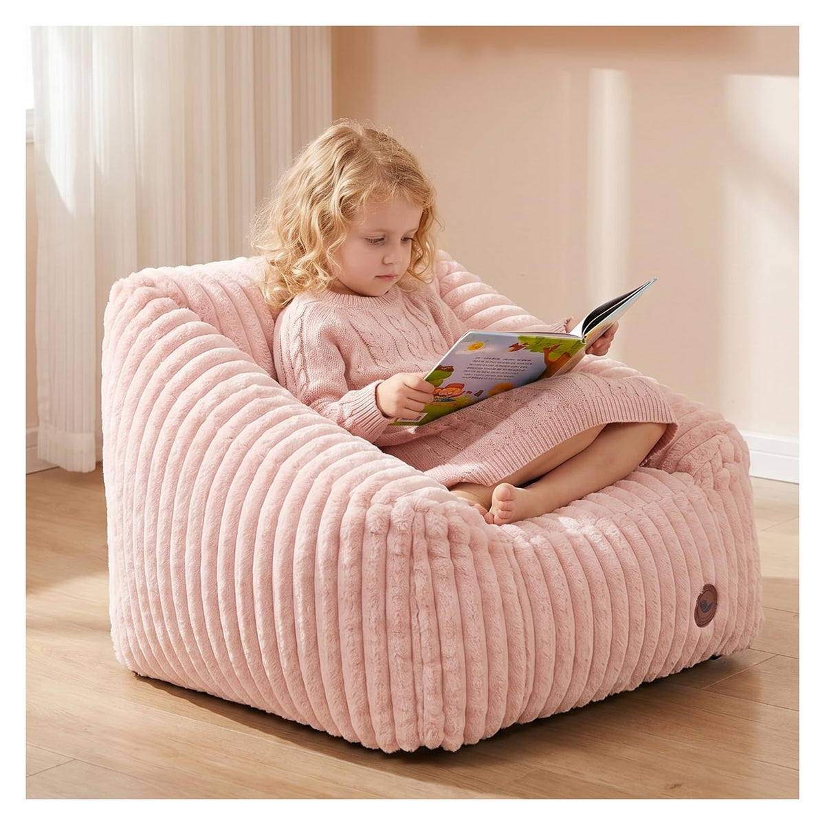 Small Bean Bag Chair for Kids&Teens,Memory Foam Filled Girls Bean Bags with Pink Stripe Plush Bean Bag Washable Cover for Reading Gaming Bedroom Living Room Playroom