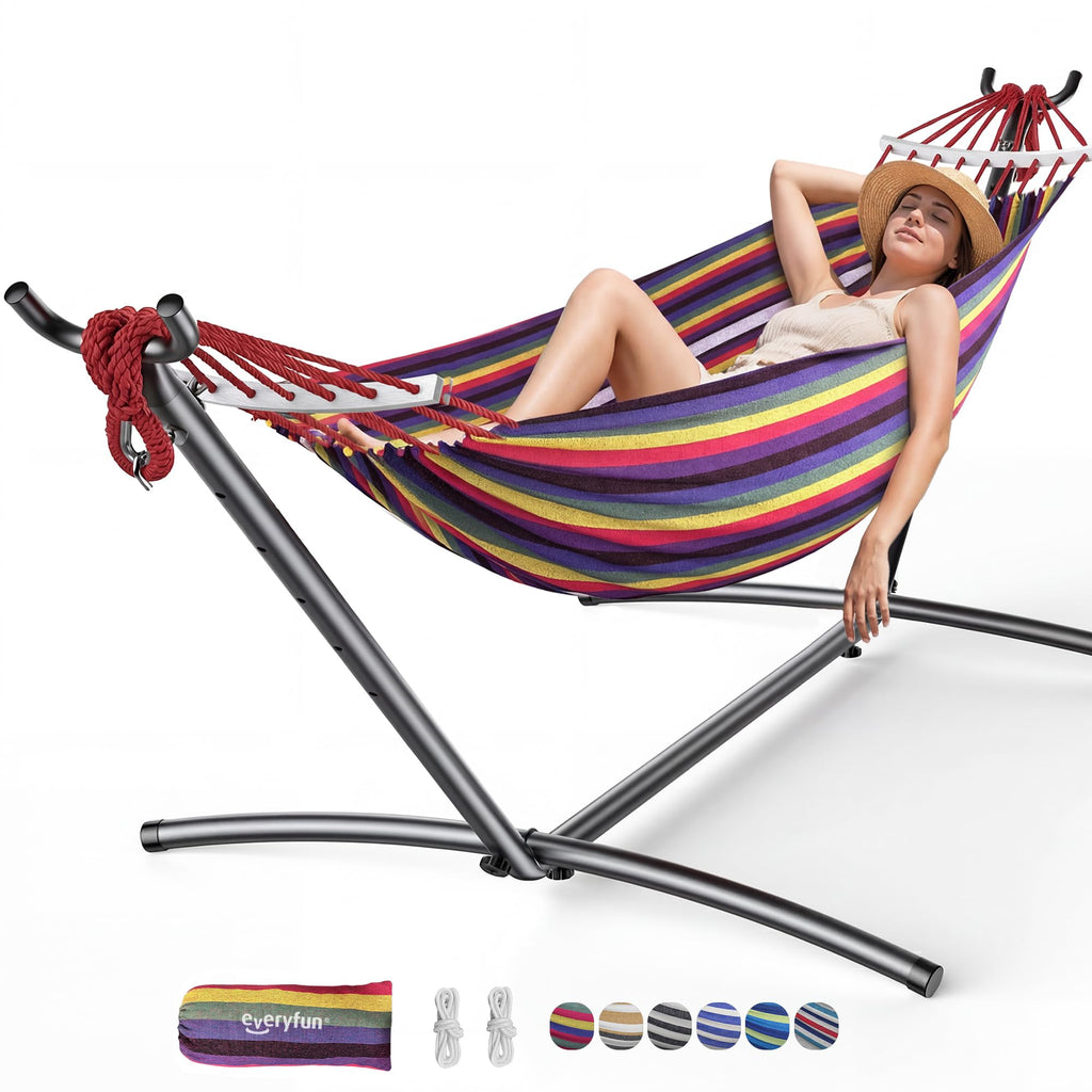 Everyfun Double Hammock with Stand for 2 Person, 600 lb Capacity, Rainbow