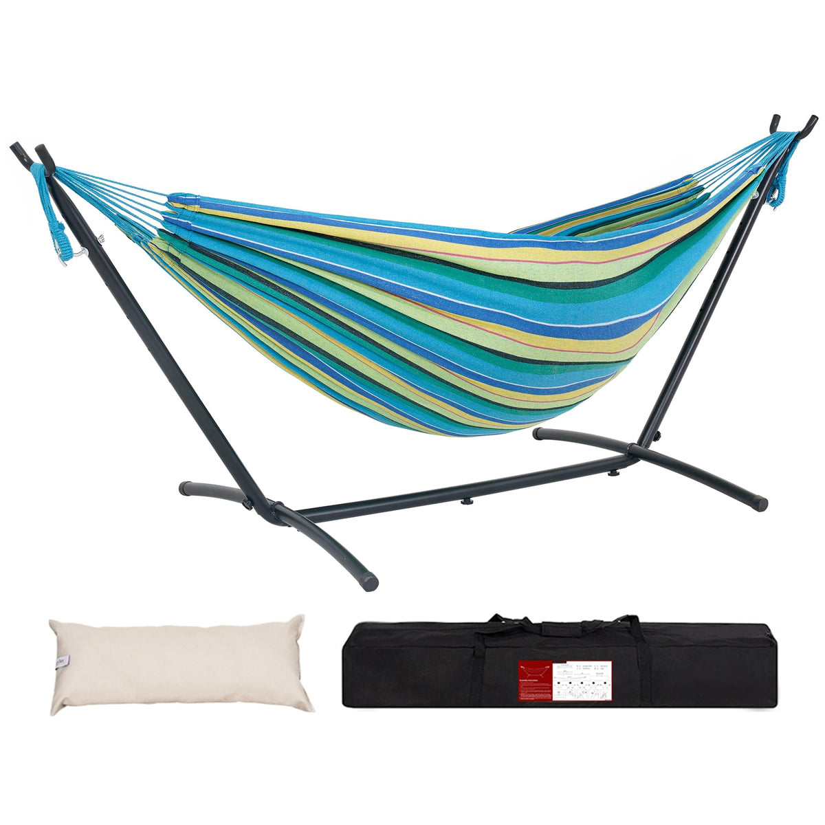 Lazy Daze Portable Hammock with Stand, Free Standing Hammocks for Indoor Outdoor Patio Yard, Has a Carrying Bag and Pillow, 9ft Steel Hamacas Heavy Duty 2 Person Amaca 450 lbs Capacity(White)