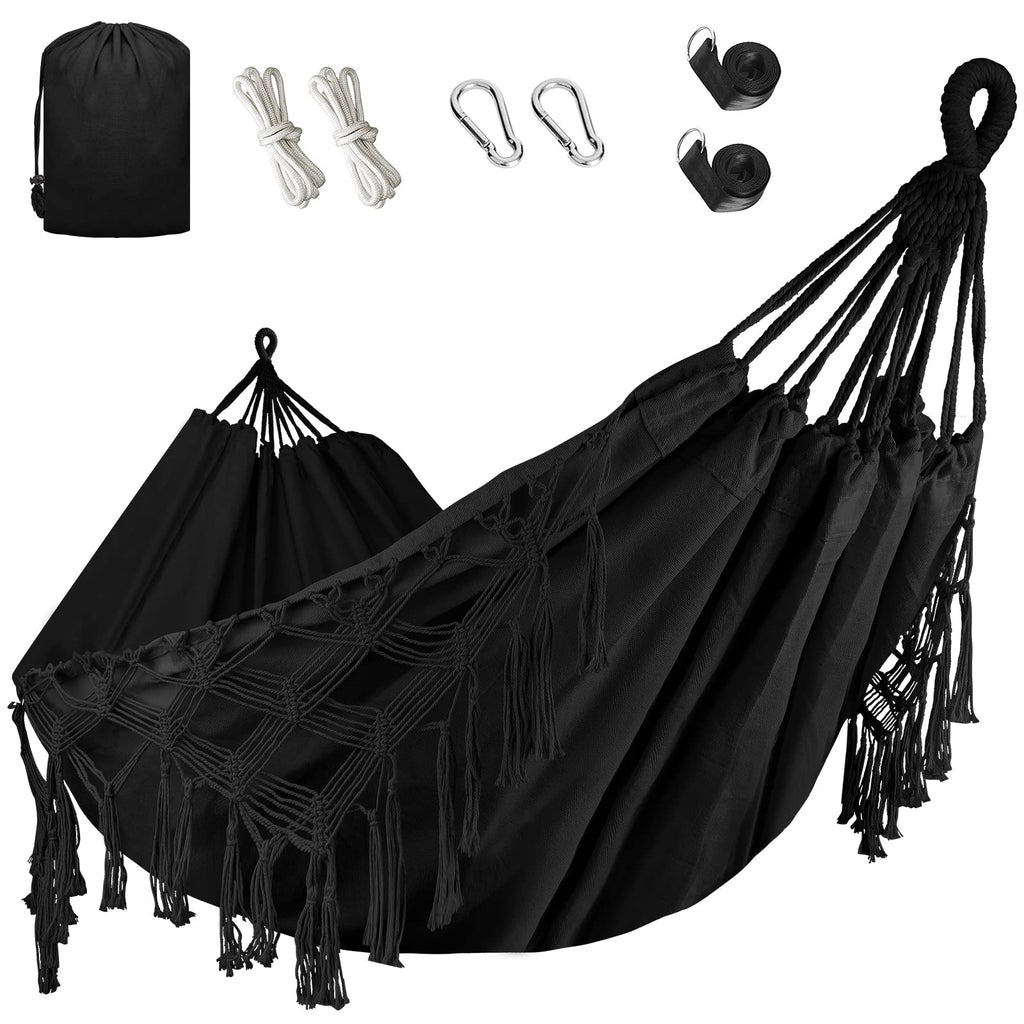 Bellzacasa Double Hammock, Heavy Duty 500 lb Load Capacity Tassels and Fishtail Knitting Portable Camping Hammocks with Mounting Straps for Outdoor Camping Patio Balcony Beige