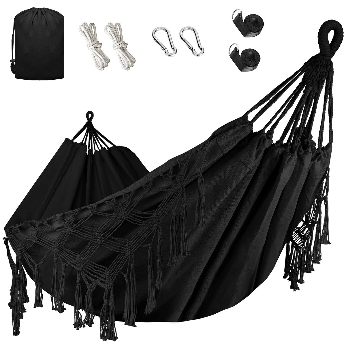 Bellzacasa Double Hammock, Heavy Duty 500 lb Load Capacity Tassels and Fishtail Knitting Portable Camping Hammocks with Mounting Straps for Outdoor Camping Patio Balcony Beige