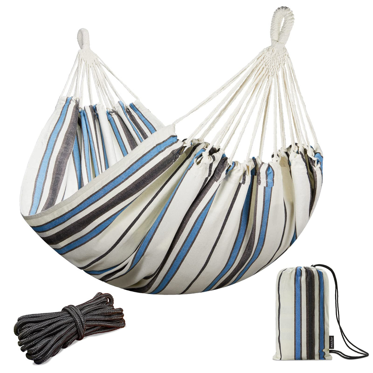 JoyView Brazilian Double Hammock with Hanging Ropes Extra Large 86.6x59” Portable Cotton Hammock for Patio Backyard Porch 450LBS Weight Capacity Perfect for Outdoor/Indoor - Color Stripes