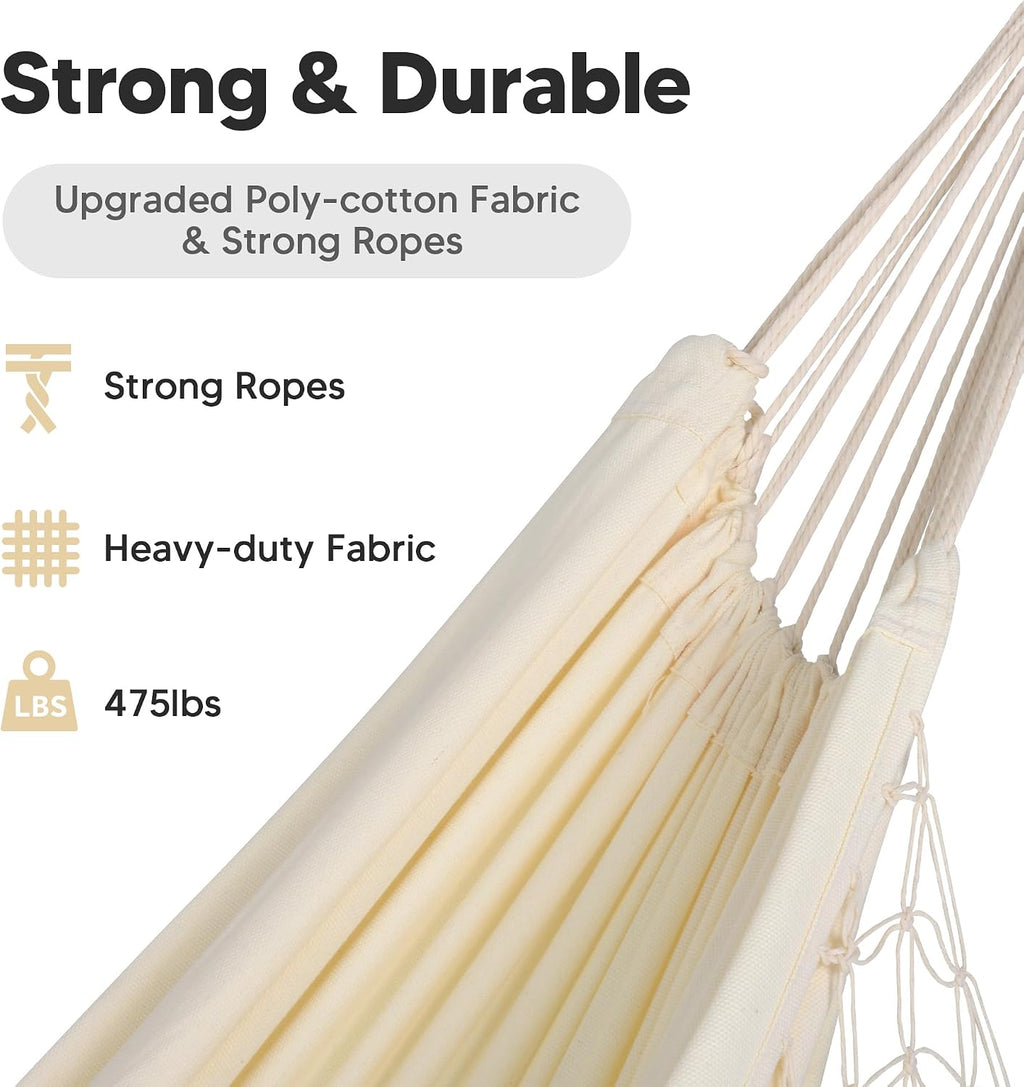 SUNCREAT Portable Camping Hammock for Outside, Heavy Duty 2 Person Hammock Bed for Tree, Beige with Tassels