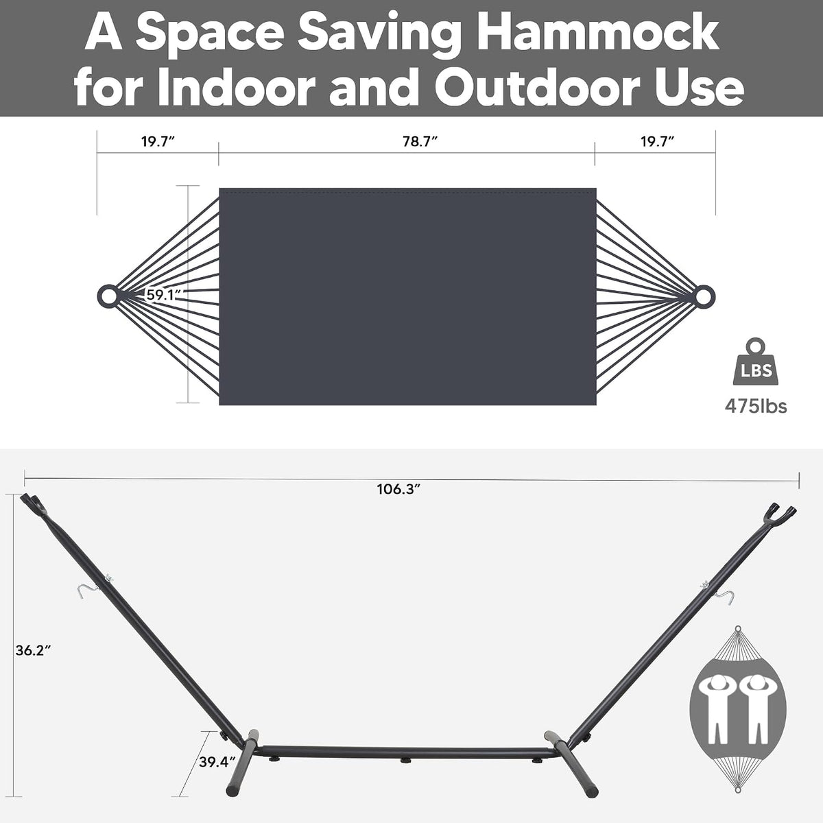 SUNCREAT Stand Alone Hammock with Stand for Outside 2 Person, Dark Gray