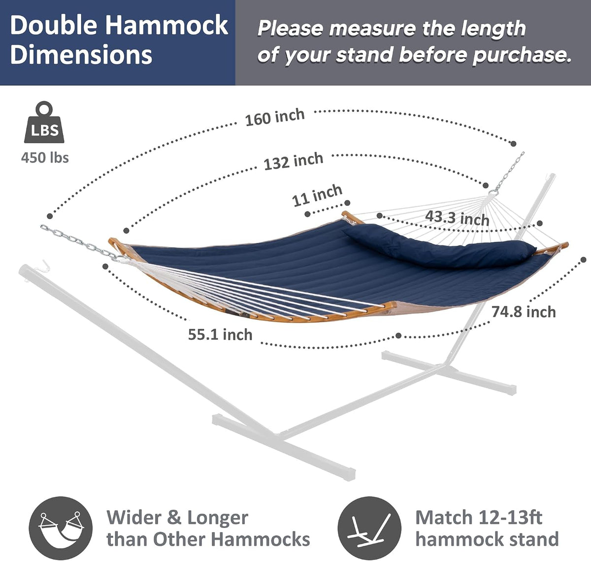 SUNCREAT Hammocks Hanging Tree Hammock for Outdoor, Large Replacement Hammock for Stand, Navy Blue