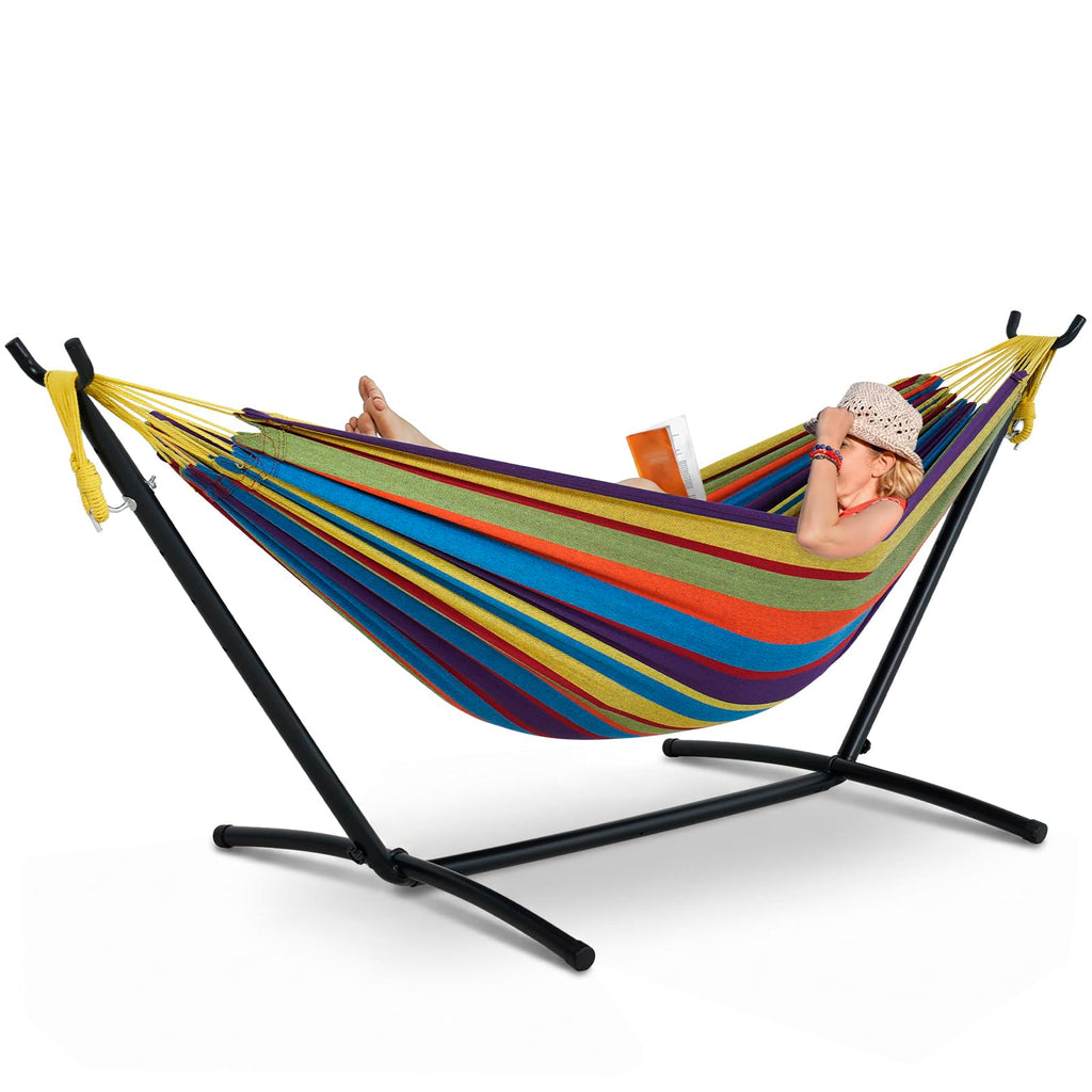 Lazy Daze Portable Hammock with Stand, Free Standing Hammocks for Indoor Outdoor Patio Yard, Has a Carrying Bag and Pillow, 9ft Steel Hamacas Heavy Duty 2 Person Amaca 450 lbs Capacity(White)
