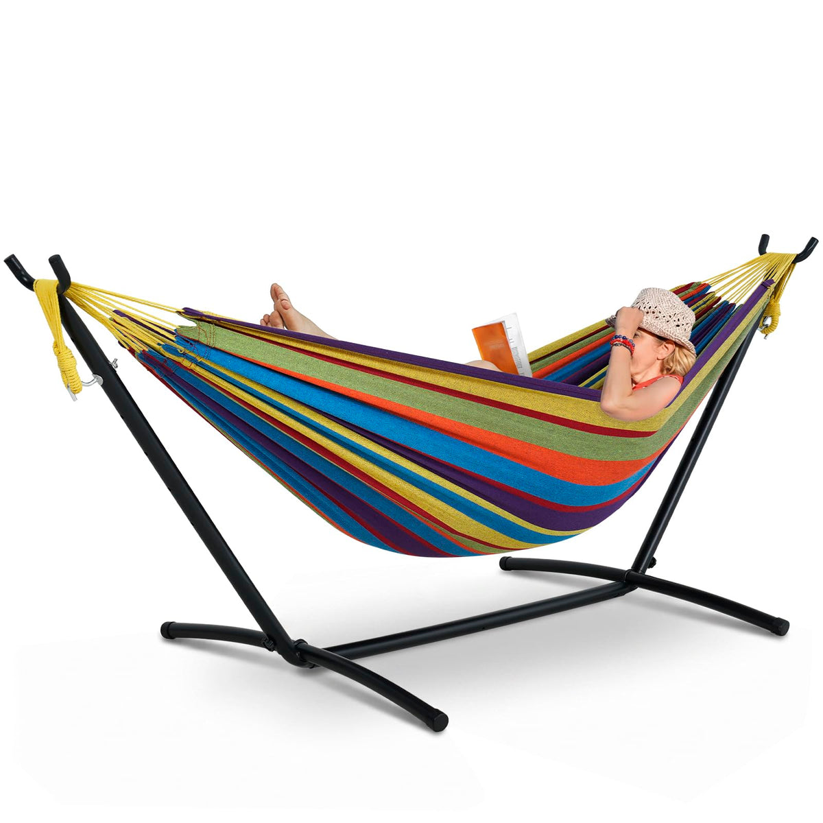 Lazy Daze Portable Hammock with Stand, Free Standing Hammocks for Indoor Outdoor Patio Yard, Has a Carrying Bag and Pillow, 9ft Steel Hamacas Heavy Duty 2 Person Amaca 450 lbs Capacity(White)