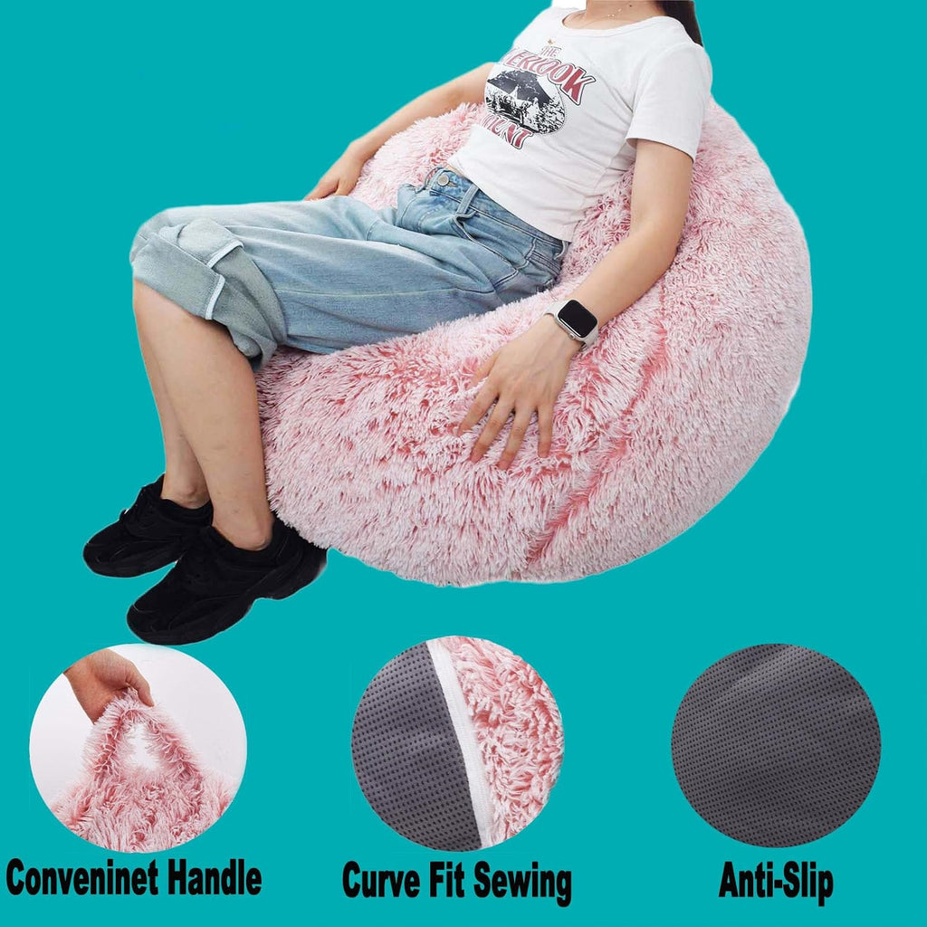 Fluffy Stuffed Animal Storage Bean Bag Chair Cover (No Filler), Faux Fur Comfy Bean Bag Cover for Organizing Plush Toys or Textile, for Adults Teens Kids Girls,Dusty Pink