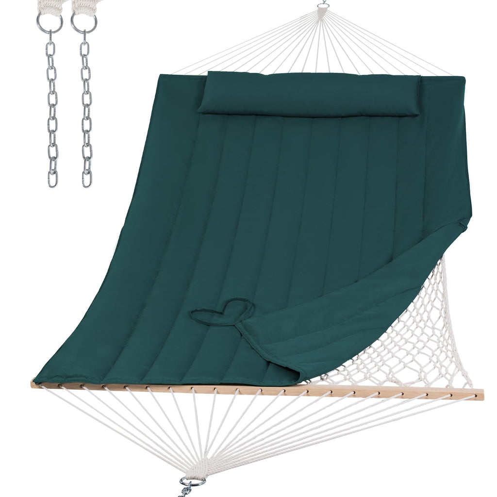 SUNCREAT 2 Person Hammock with Hardwood Spreader Bar, Outdoor Rope Hammock with Polyester Pad, 475 lbs Capacity, Beige