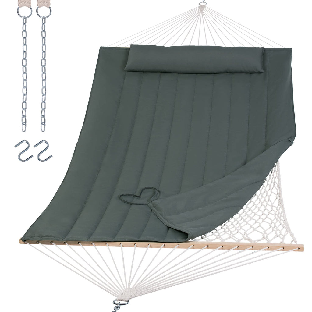SUNCREAT 2 Person Hammock with Hardwood Spreader Bar, Outdoor Rope Hammock with Polyester Pad, 475 lbs Capacity, Beige